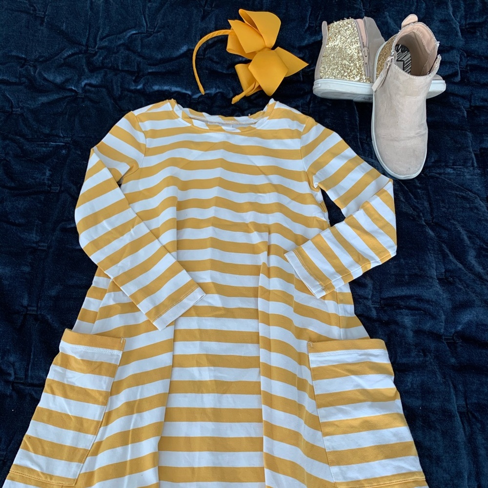 Girls yellow striped dress and matching bow